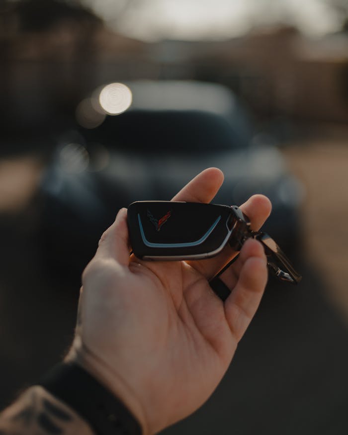 A hand holding a car key fob with a blurred car in the background, outdoors.